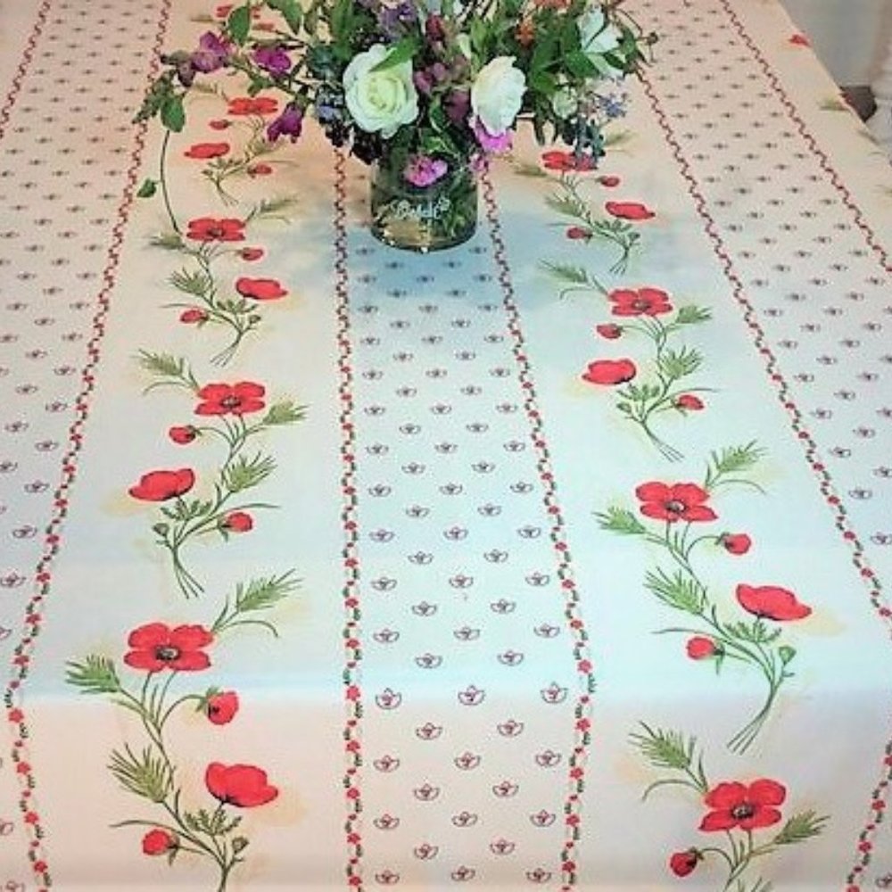 60x96 RECTANGLE RED POPPIE WHITE FRENCH TABLECLOTH